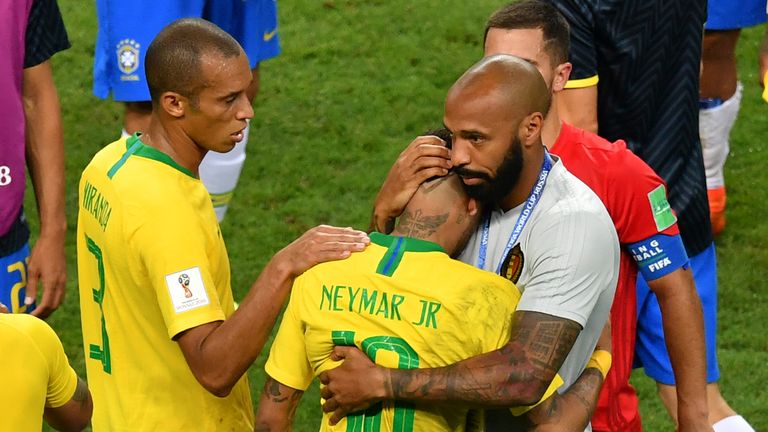 Neymar was consoled by then Belgium assistant coach Thierry Henry after Brazil's World Cup exit in Russia
