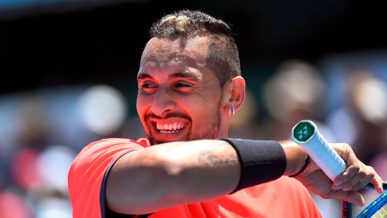 Nick Kyrgios of Australia reacts during his match with compatriot Bernard Tomic on the second day of the Kooyong Classic tennis tournament in Melbourne on January 9, 2019. 