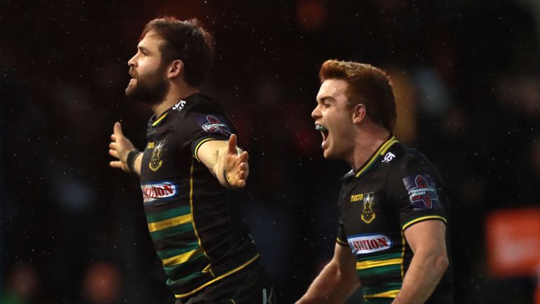 Northampton's Cobus Reinach celebrates scoring a try during the Saints' Premiership Rugby Cup victory over Leicester Tigers at Franklin's Gardens.