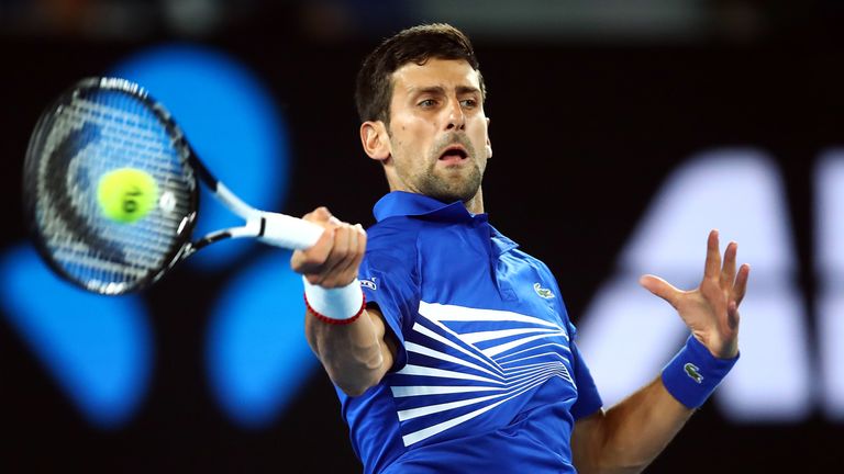 Novak Djokovic of Serbia in action against Daniil Medvedev of Russia in the mens fourth round match during day eight of the 2019 Australian Open at Melbourne Park on January 21, 2019 in Melbourne, Australia