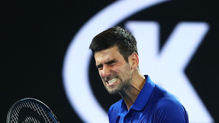 Novak Djokovic of Serbia reacts in his match against Daniil Medvedev of Russia in the mens fourth round match during day eight of the 2019 Australian Open at Melbourne Park on January 21, 2019 in Melbourne, Australia.