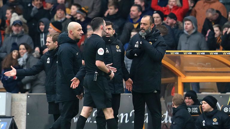 Nuno Espirito Santo is sent to the stands by referee Chris Kavanagh following Wolves' injury-time winner