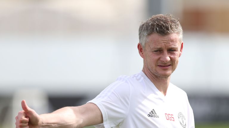 Manchester United caretaker manager Ole Gunnar Solskjaer takes charge of first team training during Manchester United&#39;s trip to Dubai