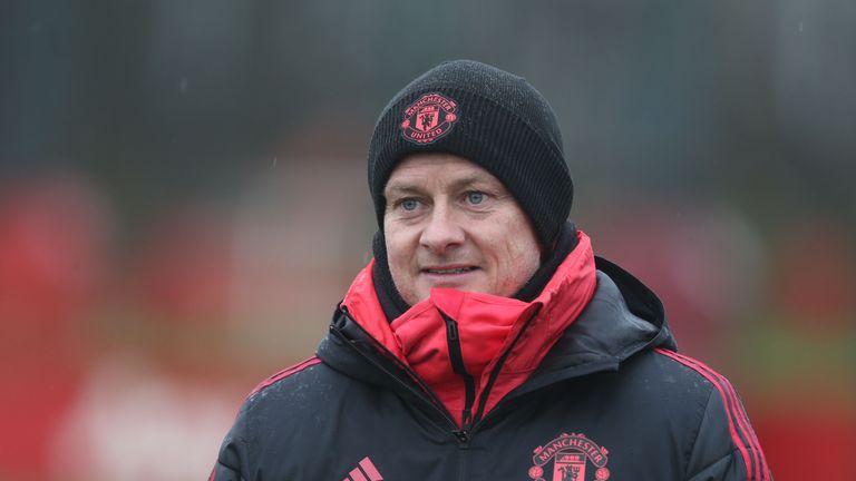 Manchester United caretaker manager Ole Gunnar Solskjaer oversees training