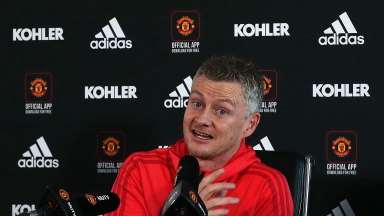 Manchester United caretaker manager Ole Gunnar Solskjaer speaks during a press conference at Carrington