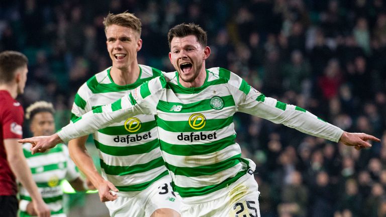 23/01/19 LADBROKES PREMIERSHIP.CELTIC V ST MIRREN.CELTIC PARK - GLASGOW.Oliver Burke celebrates after opening the scoring for Celtic