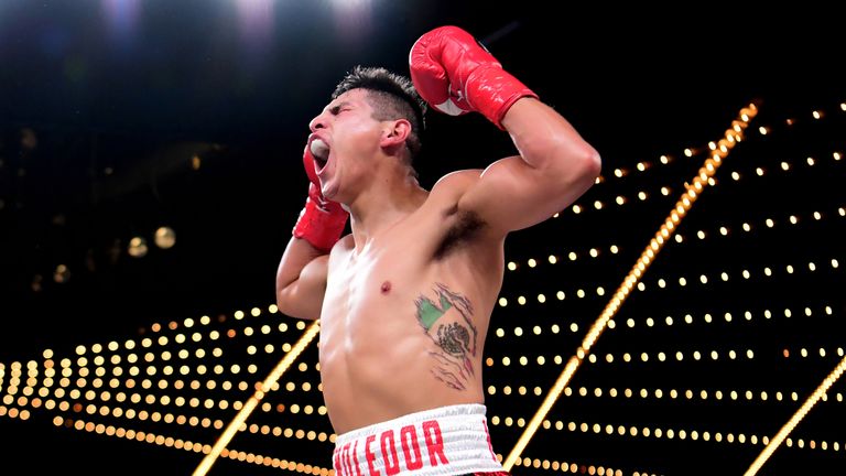 Pablo Cesar Cano of Mexico reacts after knocking out Jorge Linares of Venezuela during their junior welterweights fight Getty Images)