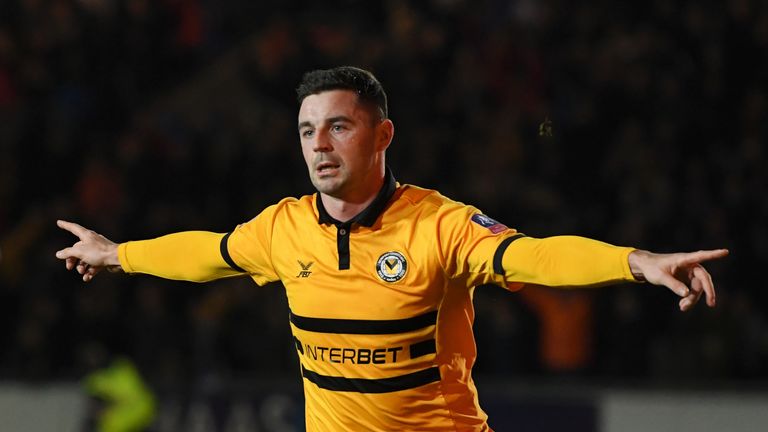 Padraig Amond of Newport County celebrates after scoring his team's second goal from the penalty spot during the FA Cup Third Round match between Newport County and Leicester City at Rodney Parade on January 6, 2019 in Newport, United Kingdom. 
