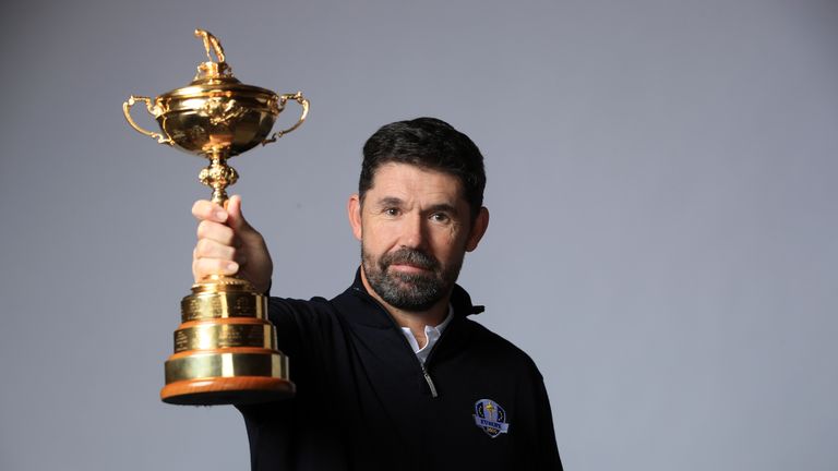 Padraig Harrington of the Republic of Ireland poses with the Ryder Cup trophy as he is announced as the European Ryder Cup Captain for 2020.