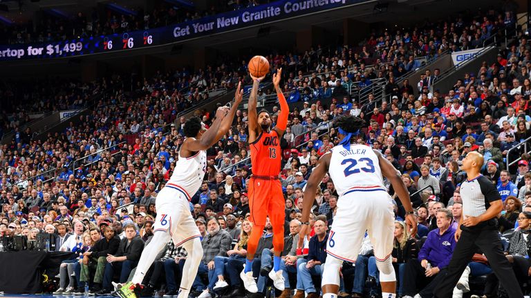 Paul George #13 of the Oklahoma City Thunder shoots a three-point basket against the Philadelphia 76ers on January 19, 2019 at the Wells Fargo Center in Philadelphia, Pennsylvania 