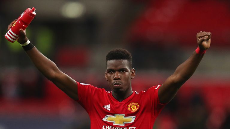 LONDON, ENGLAND - JANUARY 13:  Paul Pogba of Manchester United celebrates victory after the Premier League match between Tottenham Hotspur and Manchester United at Wembley Stadium on January 13, 2019 in London, United Kingdom.  (Photo by Catherine Ivill/Getty Images)