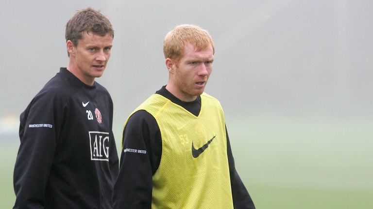 Paul Scholes and Ole Gunnar Solskjaer of Manchester United in action during a first team training session at Carrington Training Ground on October 13 2006, in Manchester, England. 
