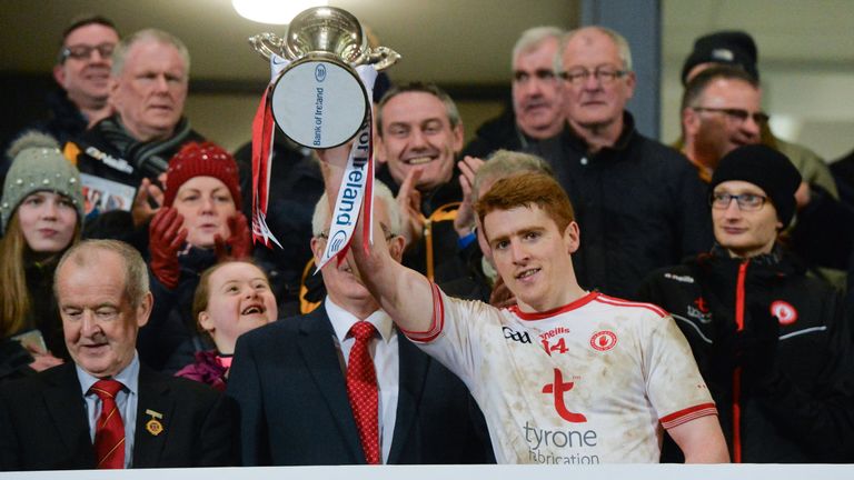  Peter Harte of Tyrone lifts the Dr McKenna Cup