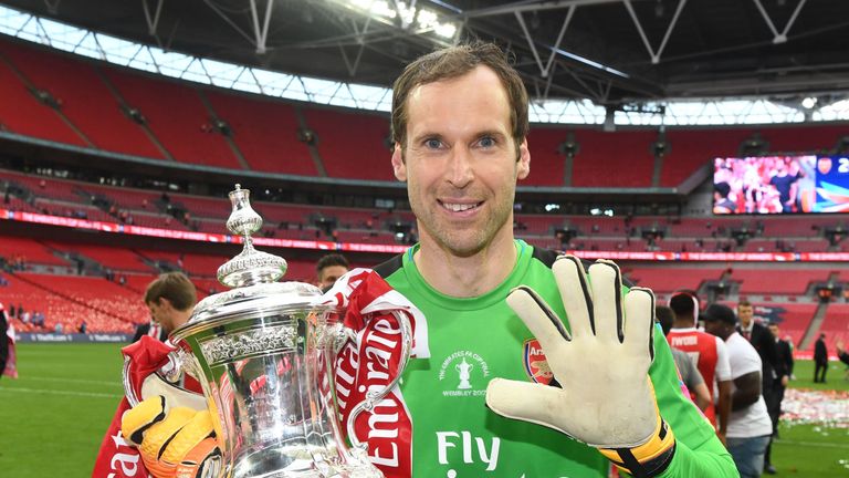 Petr Cech celebrates with the FA Cup after Arsenal's 2-1 defeat of Chelsea in the 2017 final