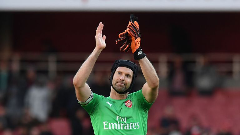 Petr Cech applauds fans after the Premier League match between Arsenal and Everton at Emirates Stadium on September 23, 2018