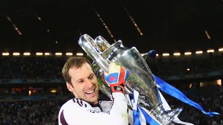 Petr Cech celebrates with the Champions League trophy in 2012