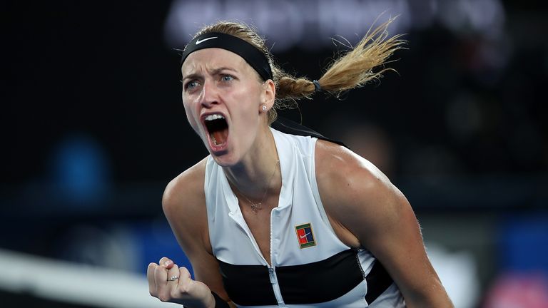 Petra Kvitova of the Czech Republic celebrates a point in her quarter final match against Ashleigh Barty of Australia during day nine of the 2019 Australian Open at Melbourne Park on January 22, 2019 in Melbourne, Australia.