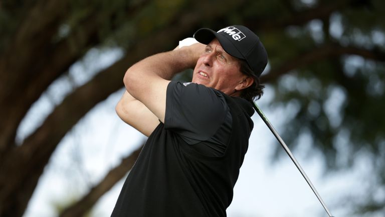 Phil Mickelson of the United States plays a shot on the 9th tee during the final round of the Desert Classic at the Stadium Course on January 20, 2019 in La Quinta, California
