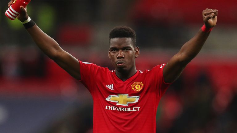 Paul Pogba of Manchester United celebrates victory after the Premier League match between Tottenham Hotspur and Manchester United at Wembley Stadium on January 13, 2019 in London, United Kingdom.