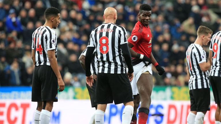 Paul Pogba clashed with Jonjo Shelvey in the second half