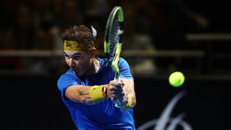 Rafael Nadal of Spain plays a backhand during Fast4Showdown at Qudos Bank Arena on January 7, 2019 in Sydney, Australia.