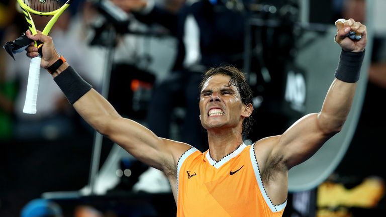 Rafael Nadal of Spain celebrates winning his quarter final match against Frances Tiafoe of the United States during day nine of the 2019 Australian Open at Melbourne Park on January 22, 2019 in Melbourne, Australia.