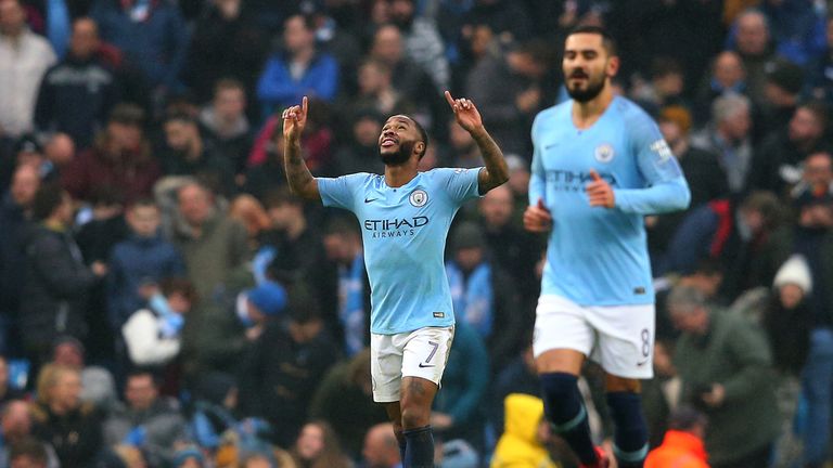 Raheem Sterling celebrates after scoring his team's first goal during the FA Cup Third Round match between Manchester City and Rotherham United at the Etihad Stadium on January 6, 2019 in Manchester, United Kingdom.