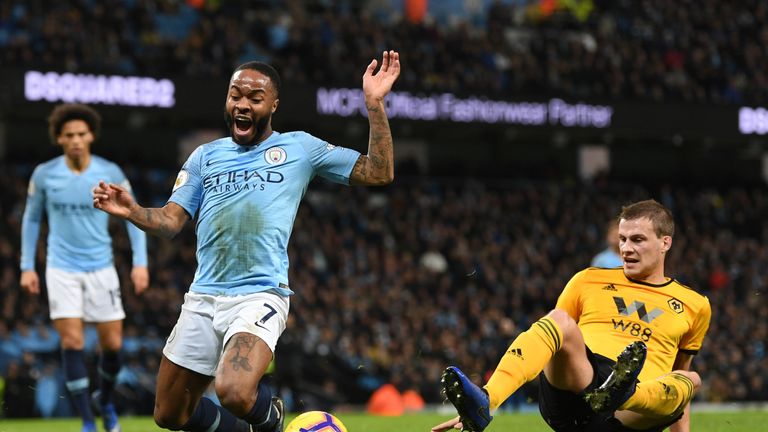 Raheem Sterling during the Premier League match between Manchester City and Wolverhampton Wanderers at Etihad Stadium on January 14, 2019 in Manchester, United Kingdom