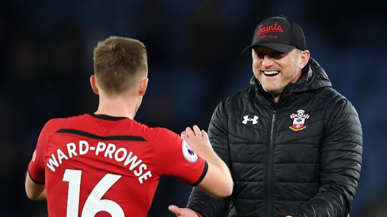 Ralph Hasenhuttl celebrates with goalscorer James Ward-Prowse