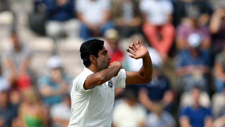 Ravichandran Ashwin bowling for India in Test match in England