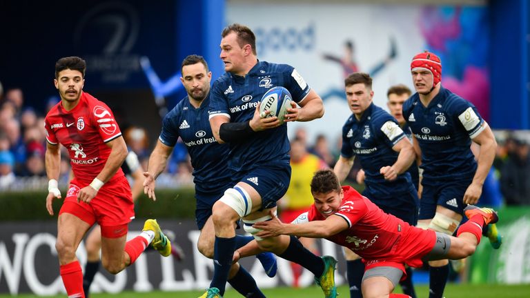 12 January 2019; Rhys Ruddock of Leinster is tackled by Antoine Dupont of Toulouse during the Heineken Champions Cup Pool 1 Round 5 match between Leinster and Toulouse at the RDS Arena in Dublin. Photo by Ramsey Cardy/Sportsfile