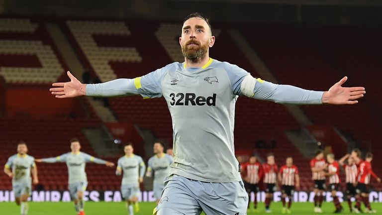 Richard Keogh celebrates scoring the winning penalty for Derby