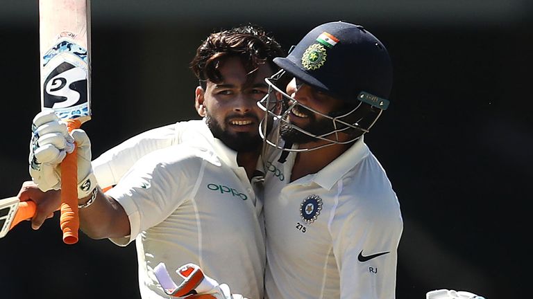 Ravindra Jadeja (right) congratulates Rishabh Pant on reaching his century