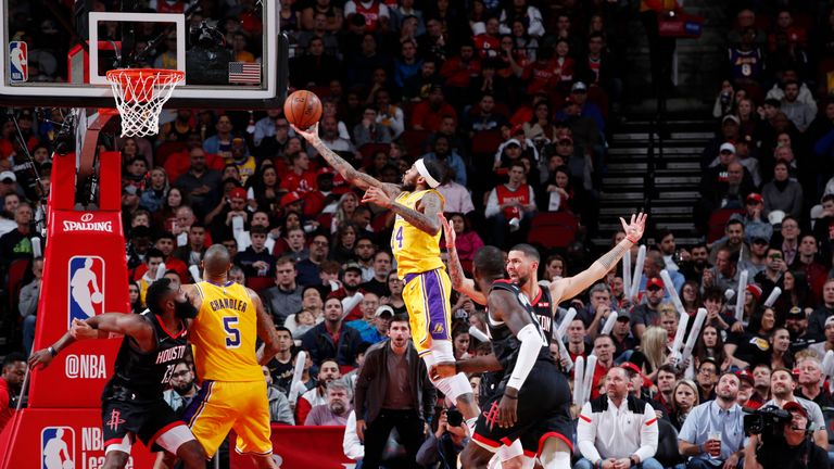 HOUSTON, TX - JANUARY 19 : Brandon Ingram #14 of the Los Angeles Lakers shoots the ball against the Houston Rockets  on January 19, 2019 at the Toyota Center in Houston, Texas. NOTE TO USER: User expressly acknowledges and agrees that, by downloading and or using this photograph, User is consenting to the terms and conditions of the Getty Images License Agreement. Mandatory Copyright Notice: Copyright 2019 NBAE (Photo by Jeff Haynes/NBAE via Getty Images)