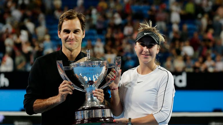 Roger Federer and Belinda Bencic of Switzerland with the Hopman Cup after defeating Angelique Kerber and Alexander Zverev of Germany in the final during day eight of the 2019 Hopman Cup at RAC Arena on January 05, 2019 in Perth, Australia.