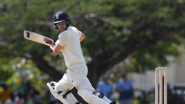 Rory Burns of England plays a shot during day one of the match between West Indies Board XI and England at the Three Ws Oval on January 15, 2019 in Bridgetown, Barbados. 