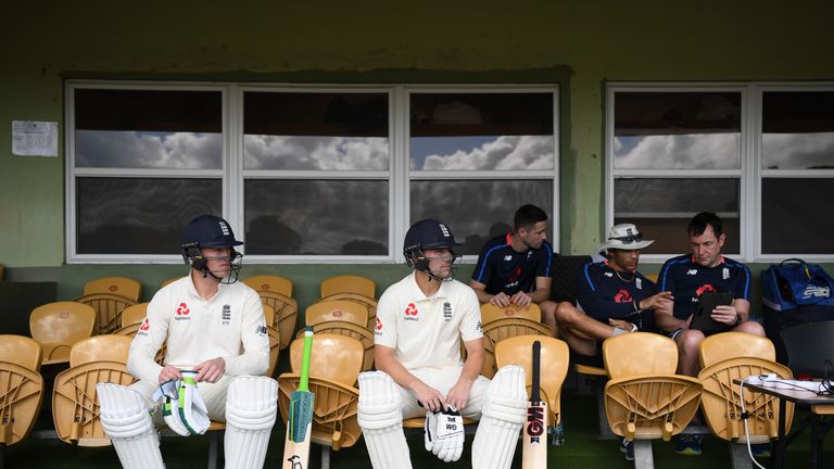 eaton Jennings and Rory Burns of England wait to go out to bat during day one of the match between West Indies Board XI and England at the Three Ws Oval on January 15, 2019 in Bridgetown, Barbados