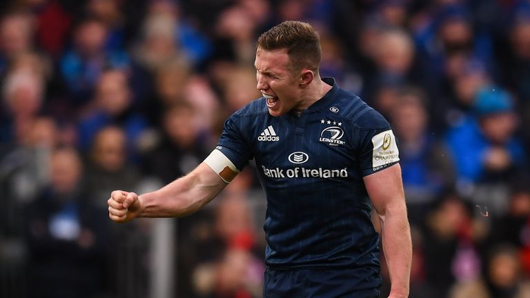 Rory O'Loughlin of Leinster celebrates a breakdown turnover