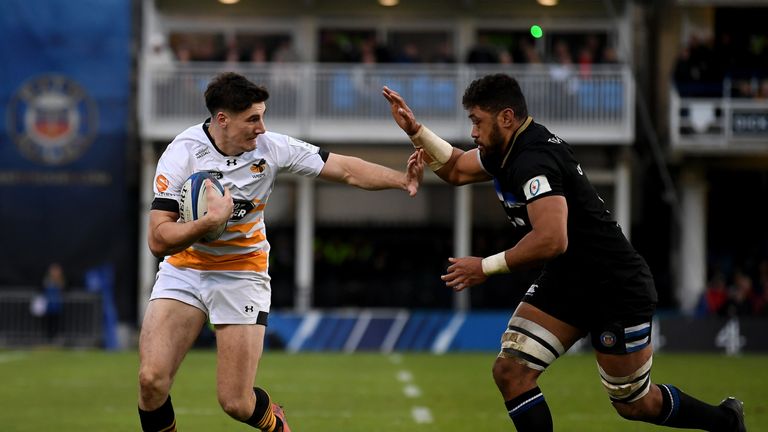 Ross Neal of Wasps hands off Taulupe Faletau of Bath Rugby during the Champions Cup match between Bath Rugby and Wasps at Recreation Ground on January 12, 2019 in Bath, United Kingdom.