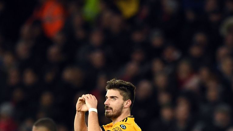 Ruben Neves celebrates scoring his Wolves' second goal during the FA Cup Third Round match against Liverpool at Molineux on January 7, 2019