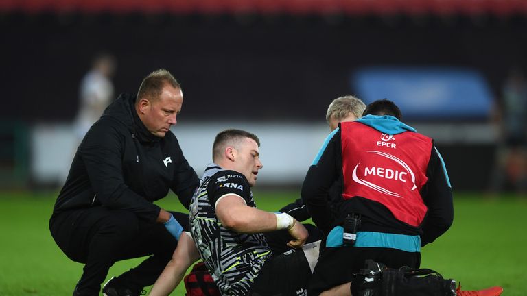 Scott Williams receives treatment during the Ospreys' game against Worcester on January 12