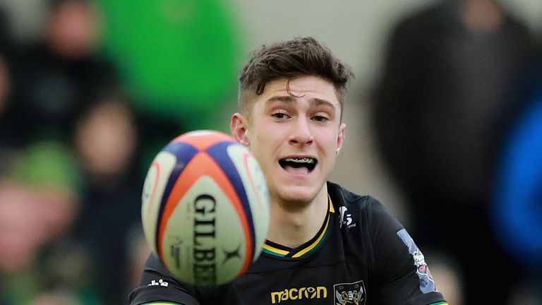 Northampton Saints' James Grayson spins the ball during his side's Premiership Rugby Cup victory over Leicester Tigers at Franklin's Gardens