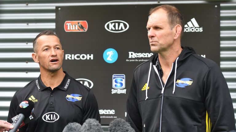 Hurricanes head coach John Plumtree (right) and assistant Carlos Spencer talk to the media following the latter's appointment in Wellington in 2018