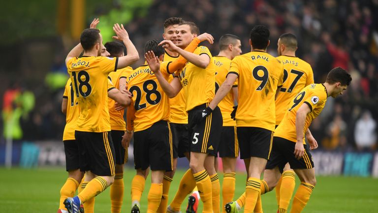 Wolves defender Ryan Bennett celebrates his goal with team-mates