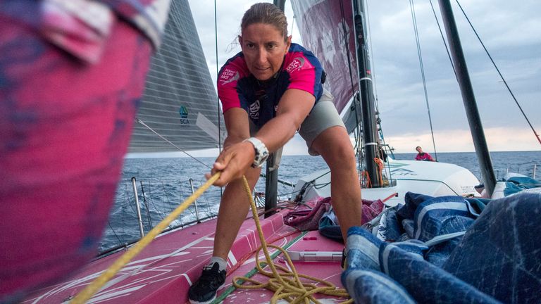 Dee Caffari unfurls the staysail during Leg 2 between Cape Town, South Africa and Abu Dhabi, UAE.