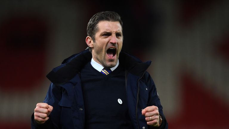 Manager Sam Ricketts celebrates during the famous win for Shrewsbury