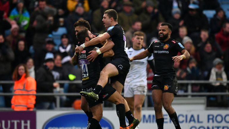 Santiago Cordero of Exeter Chiefs celebrates with his team mates after scoring his side's first try during the Gallagher Premiership Rugby match between Exeter Chiefs and Bristol Bears at Sandy Park on January 05, 2019 in Exeter, United Kingdom. 