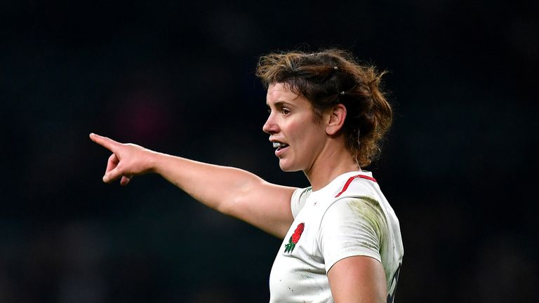 Sarah Hunter of England points out to her team mates during the Quilter International match between England Women and Ireland Women at Twickenham Stadium on November 24, 2018 in London, England.