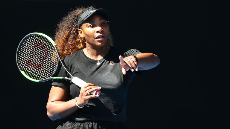 Serena Williams of the USA gestures during a practice session ahead of the 2019 Australian Open at Melbourne Park on January 10, 2019 in Melbourne, Australia
