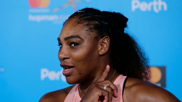 Serena Williams of the United States speaks at a press conference after the mixed doubles match against Belinda Bencic and Roger Federer of Switzerland during day four of the 2019 Hopman Cup at Perth Arena on January 01, 2019 in Perth, Australia